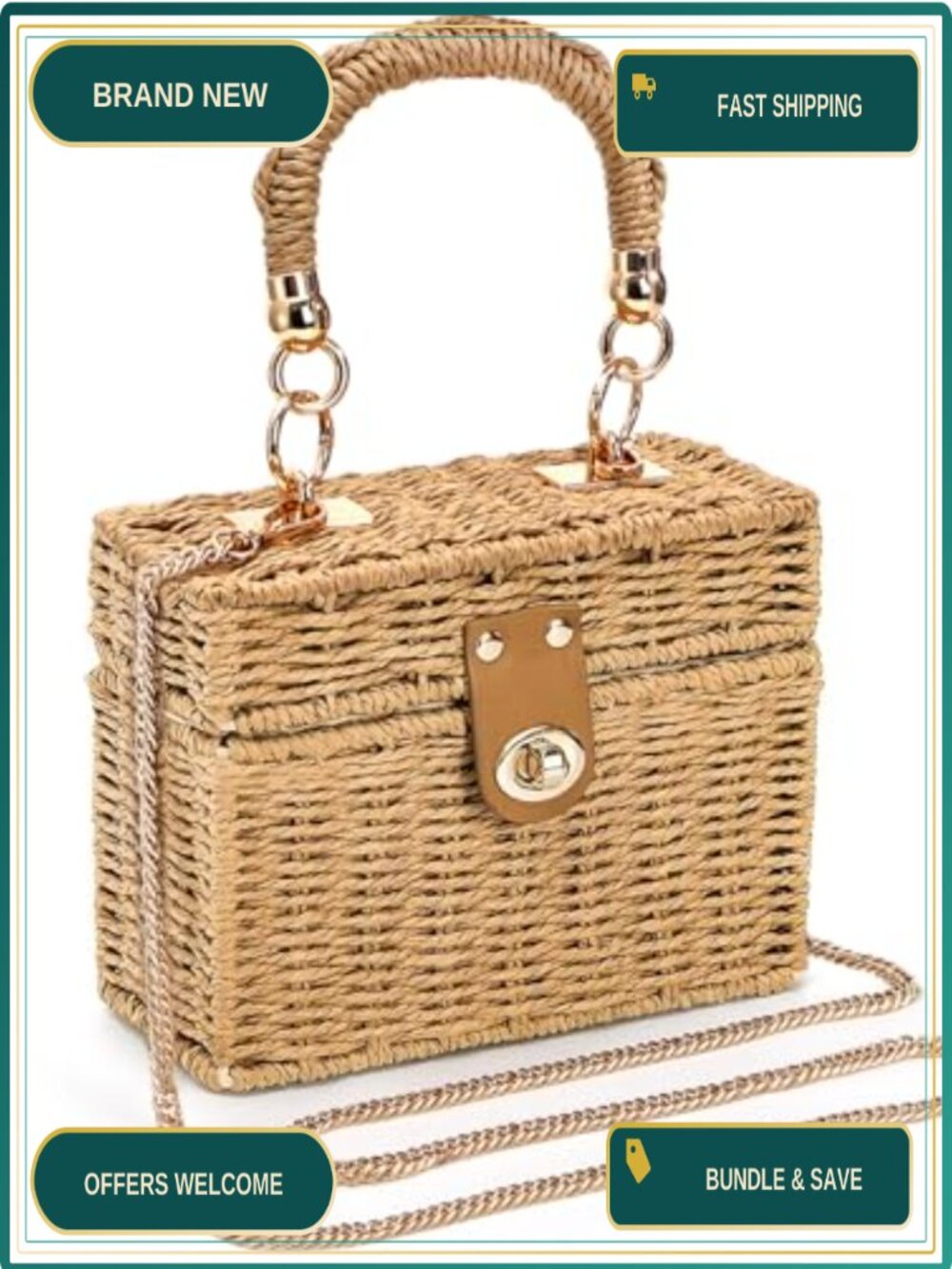 Straw Square Handbag Wicker Rattan Crossbody Bag Boho Tote Detachable Strap